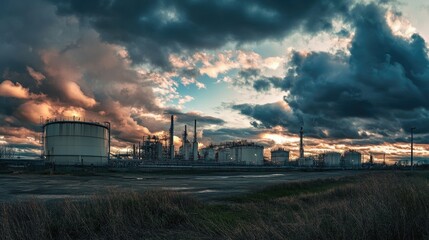 A panoramic shot of a natural gas plant with storage tanks and processing units under a cloudy sky