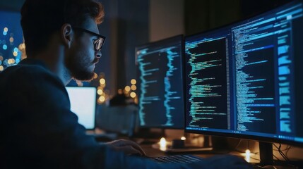 Focused Programmer Working Late at Night