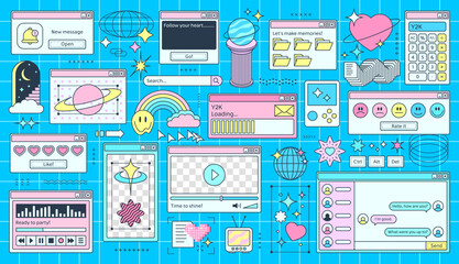 Fototapete - Retro Y2K computer windows page interface of PC desktop, vector cartoon background. Retro computer windows with Y2K design of file folder, internet browser, player with loading bar and smile stickers