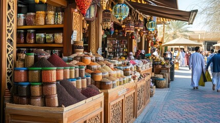 A traditional Emirati market (souk), with vibrant stalls selling spices, textiles, and local crafts.