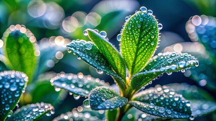 Wall Mural - Close-up shot of plant with dew-covered leaves