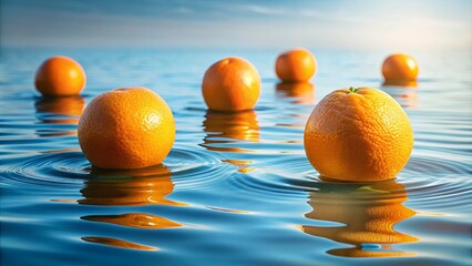 Oranges floating on the surface of calm water