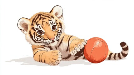 Canvas Print - Playful Tiger Cub with a Red Ball