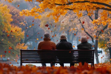 Elderly people on a bench in the park  with leaves flying around, rear view