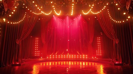 Poster - Empty stage with red velvet curtains, string lights, and spotlights.