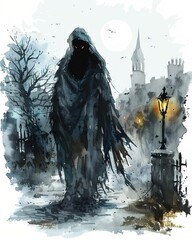 A ghost in a vampire costume, midnight graveyard, watercolor drawing, isolated on white background