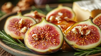 Fresh figs with honey and herbs on a plate