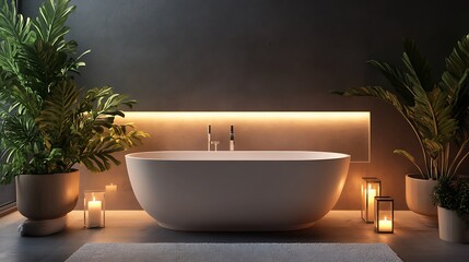 Wall Mural - A white bathtub in a modern bathroom setting, with two lit candles and plants on each side.