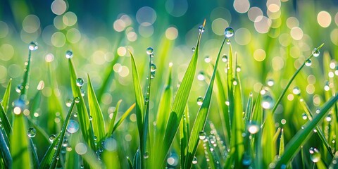 Wall Mural - Close-up of glistening dewdrops on vibrant green grass blades in a luscious field