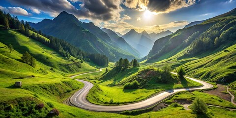 Curved road winding through lush green valley surrounded by mountains