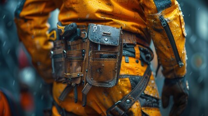 Close-up of a maintenance worker wearing a tool kit