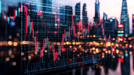 Stock market bar chart letting see a modern city business center in background representing finance investment and trading concept