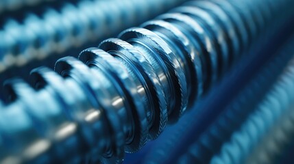 Close-up view of a steel rod with precise screw threading, rendered in cool blue tones