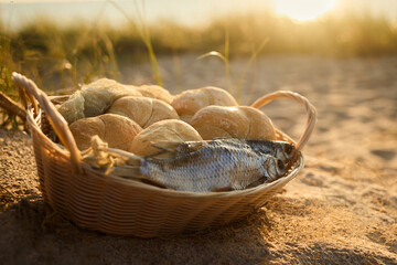 Christianity, religion, Bible concept. Five loaves of bread and two fish