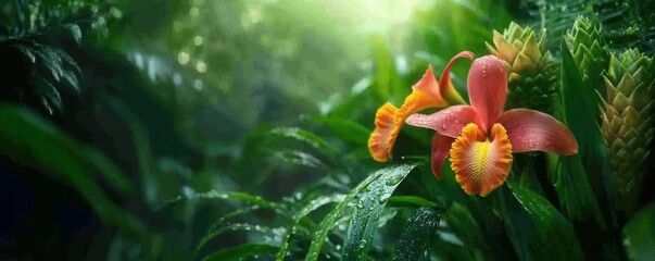 A vibrant orchid blooms among lush greenery, capturing the essence of a tranquil rainforest landscape bathed in soft sunlight.