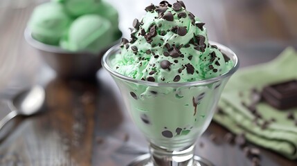 Green sprinkled mint chocolate chip ice cream sundae