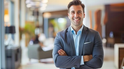 Confident businessman with arms crossed smiling in a suit jacket, standing in a modern office environment.