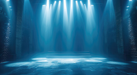 Aufkleber - Stage lights backdrop with soft blue tones providing a calming and tranquil performance environment. Generative AI.