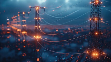 Poster - High voltage electric pole, Electricity transmission towers and power lines of city. Generative AI.