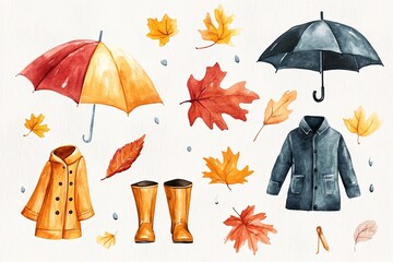 Canvas Print - A collection of watercolor illustrations capturing the essence of a cozy autumn rainy day.