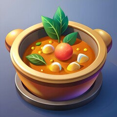 Delightful cartoon illustration of a golden pot filled with a steaming bowl of delicious curry. perfect for app icons. game assets. and culinary themed designs.