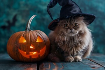 Cute fluffy cat wearing a witch hat sitting beside a glowing jack-o'-lantern. Perfect for Halloween pet costumes, festive cards, and seasonal social media posts.