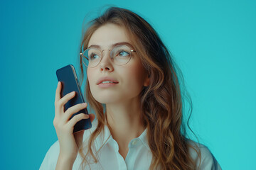 Wall Mural - Young woman sending voice message via smartphone. Solid simple isolated background