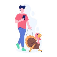 Canvas Print - Character based flat illustration of thanksgiving boy with turkey 