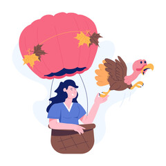 Sticker - Girl enjoying ballooning with turkey, flat illustration 