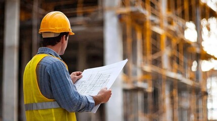 Canvas Print - A construction worker reviewing blueprints on-site, with the partially built structure in the background, illustrating the planning and coordination required in building projects.