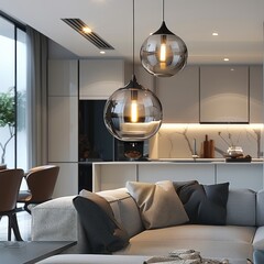 Wall Mural - Smoked glass crystal pendant light, modern interior design, living room with kitchen. Generative AI.