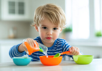 Canvas Print - A cute little boy is sitting at the table and eating from an orange bowl with a green spoon, wearing colorful