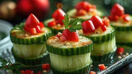 Poster - Santa hat cucumber cups filled and topped with red peppers, healthy and creative, served on a glass tray. Generative AI.