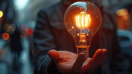 Wall Mural - Close up of a businessman holding a lit lightbulb with blurred background as a concept of a business idea. focus hand. Generative AI.