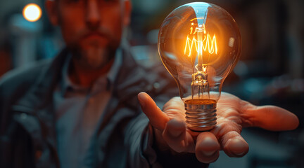 Wall Mural - Close up of a businessman holding a lit lightbulb with blurred background as a concept of a business idea. focus hand. Generative AI.