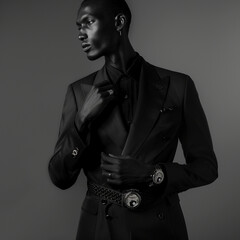 Elegant model in a tailored suit, Wearing bold accessories like a large belt and a luxury watch, Minimalist background, Studio lighting, Sophisticated and sleek.