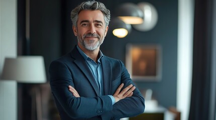 Wall Mural - Successful middle aged businessman standing in office room with crossed arms and smiling looking at camera