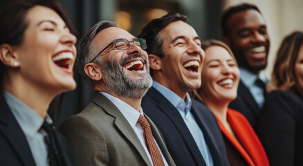 Wall Mural - A group of business people laughing and smiling at work.