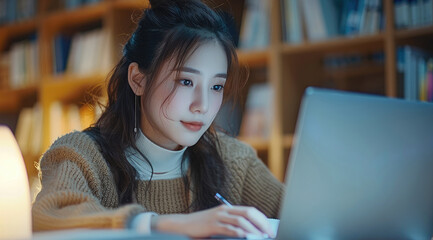 Poster - A Chinese female student is studying and taking notes on a study desk. There is a laptop playing a study tutorial on the desk. Generative AI.