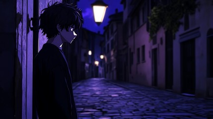 Poster - anime boy standing in a dark alley with a street light