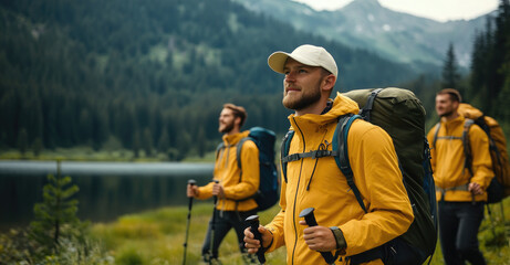 Poster - A group of friends hiking in the mountains, enjoying nature and each other's company while wearing backpacks and holding poles