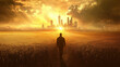 © NFT Advocate - man walking towards shining city on horizon surrounded by golden light