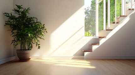 Canvas Print - Sunlight Illuminating a Modern Interior with a Staircase and a Plant