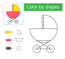 Wall Mural - Coloring pages. Color by shapes. Illustration for children education. Cartoon baby carriage.