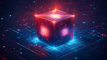 Wall Mural - Glowing Cube on Circuit Board Abstract Background