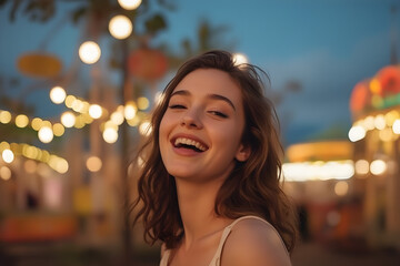 portrait of an adorable pretty young woman laughing in an amusement park