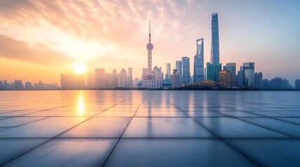 Poster - Shanghai Skyline at Sunrise with a View of the Pudong District