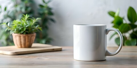 Canvas Print - A clean. white coffee mug sits on a rustic wooden table. ready to be filled with your favorite beverage.