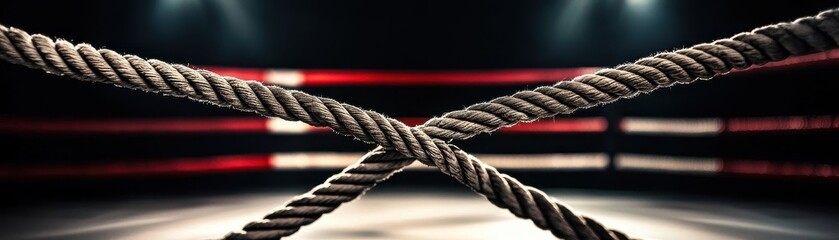 a close-up of boxing ropes under dramatic lighting, showcasing the intensity of the ring before a ma