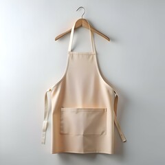 A clean. simple beige apron with a single pocket hangs on a wooden hanger.